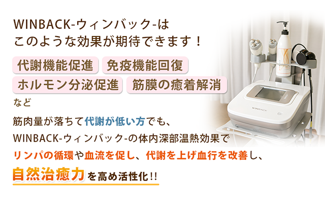 筋肉量が落ちて代謝が低い方でも、ウィンバックの体内深部温熱効果でリンパの循環や血流を促し、代謝を上げ血行を改善し、自然治癒力を高め活性化！